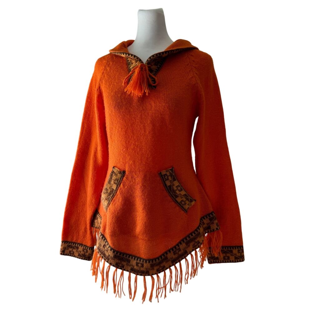 Peruvian Alpaca Orange Wool Hooded Sweater w/ Tasseled Neckline & Fringe Hem